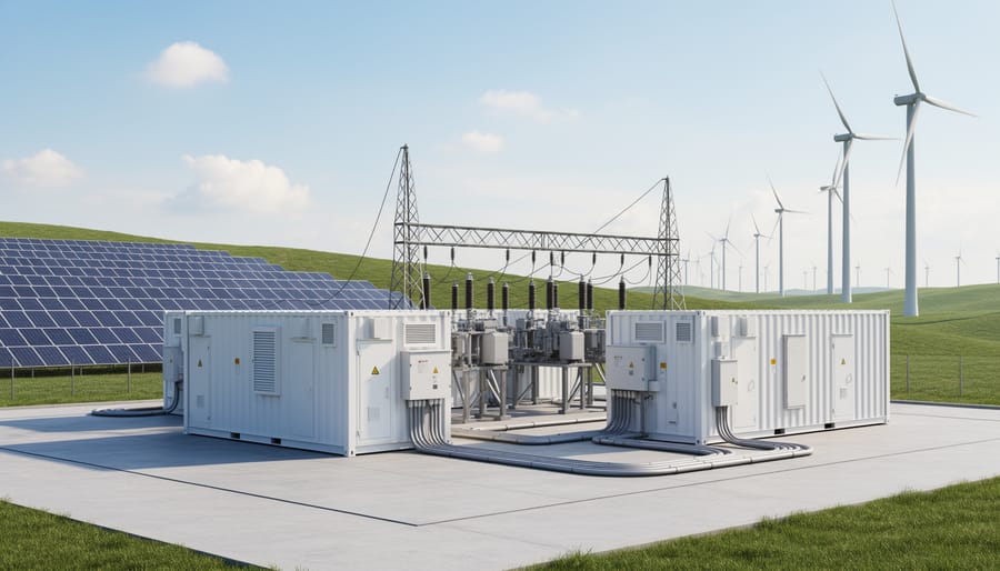 Battery storage containers in an industrial yard under overcast daylight.