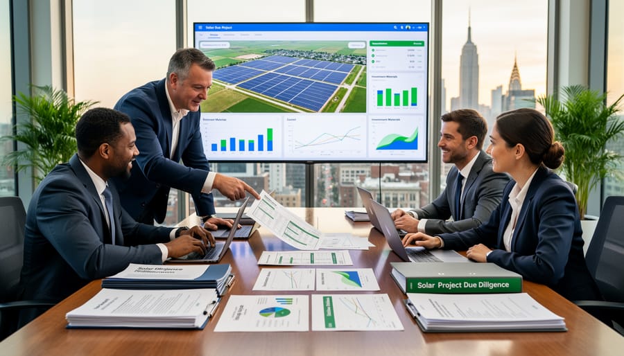 Finance professionals reviewing project documents and data on a conference table in an office.