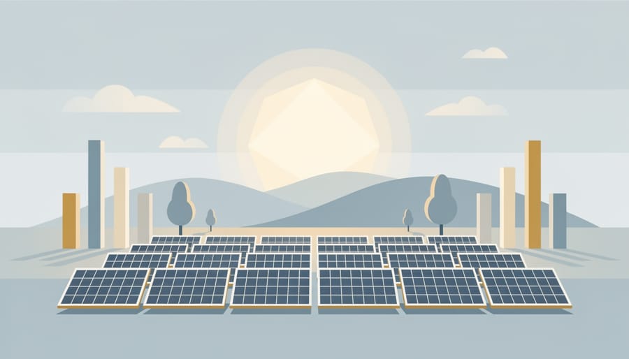 Person standing in the foreground of a solar farm during golden hour.