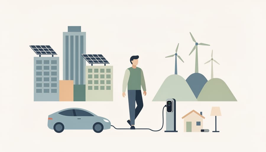Person viewing renewable energy equipment in a modern building lobby without visible text.
