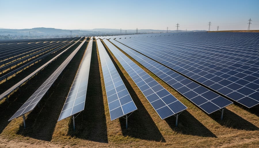 Utility-scale solar panels in rows with golden-hour sunlight reflecting off glass surfaces.