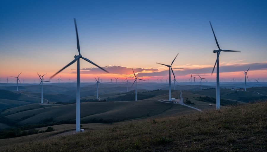 Wind turbines in a field at dusk with turbines silhouetted against an orange-blue sky.