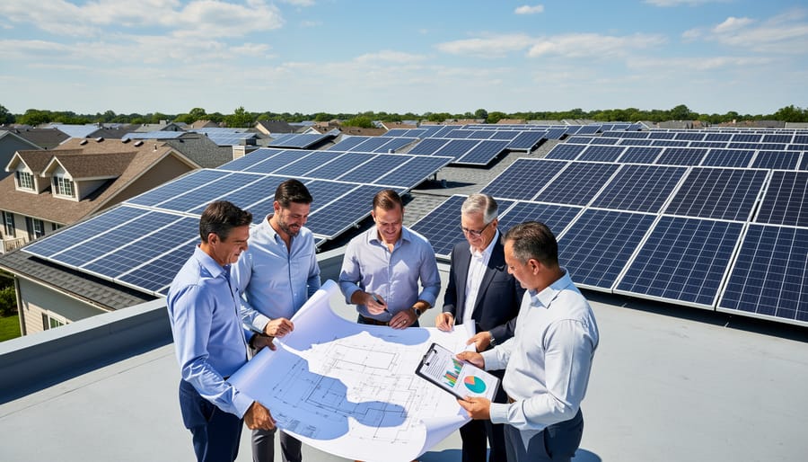 Workers in high-visibility jackets reviewing a solar installation on a rooftop near an inverter.