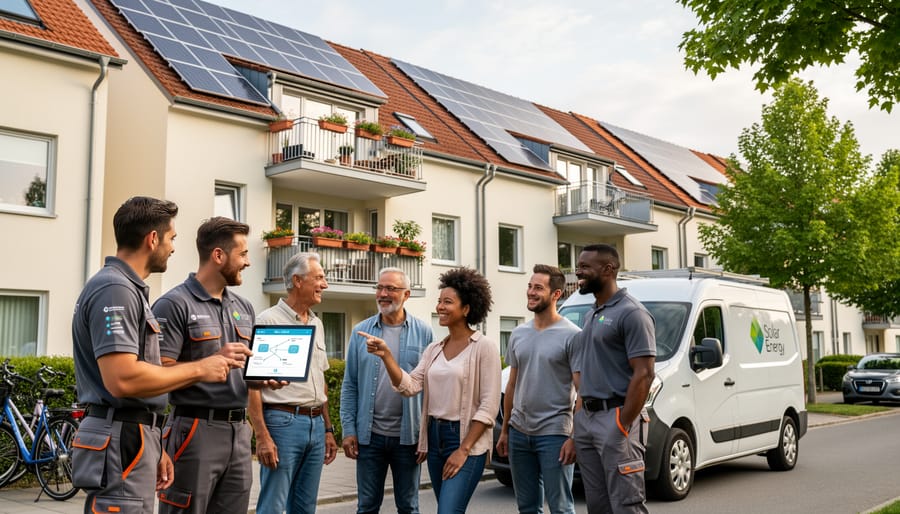 Solar technician meeting with a wheelchair user near an apartment building entrance by a rooftop solar installation.