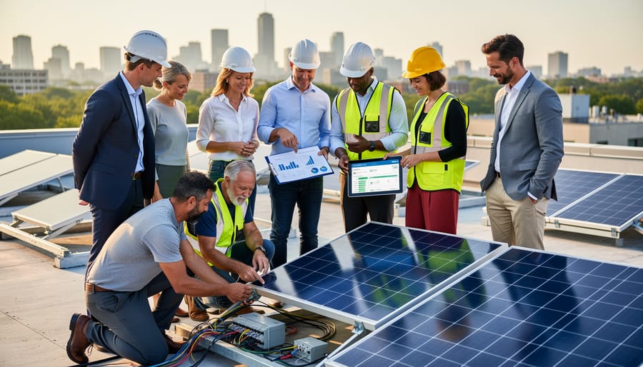 Diverse group of solar workers and community members standing together beside rooftop solar panels outdoors.