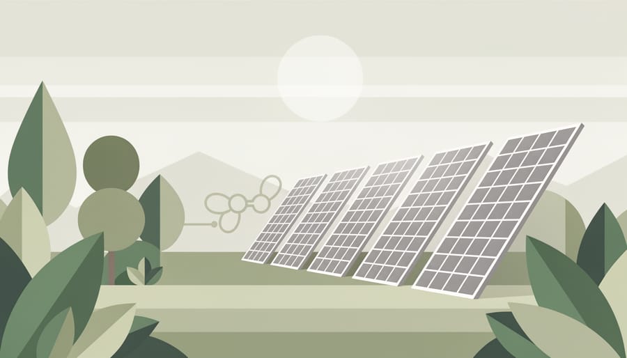 Green plants and flowers growing beside ground-mounted solar panels in golden hour light.