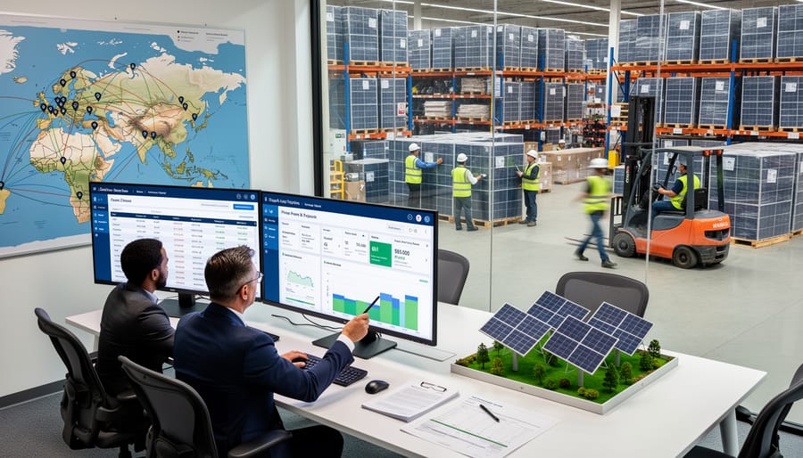 Workers and crane handling solar modules near an industrial facility