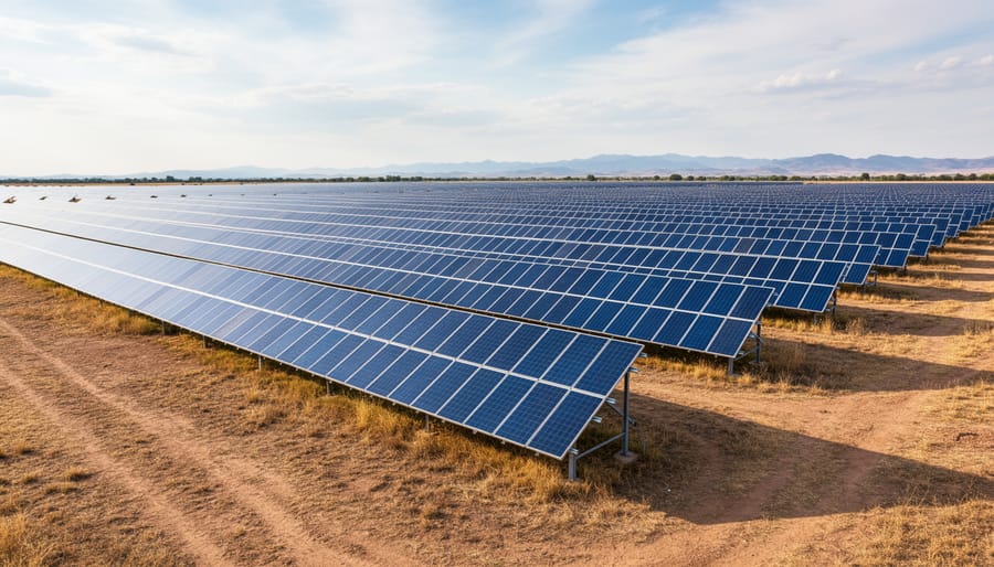 Wide view of photovoltaic solar panels at a utility-scale solar farm under bright sunlight