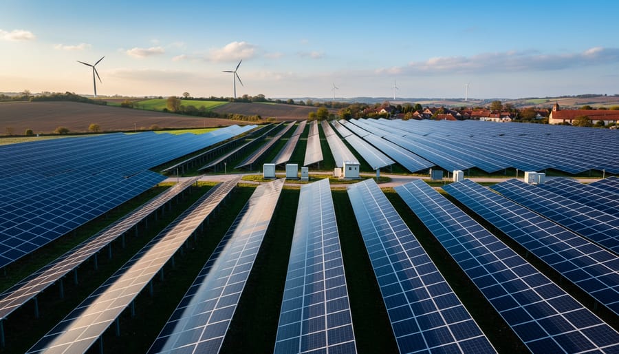 Wide view of photovoltaic solar panels in a solar park during golden hour