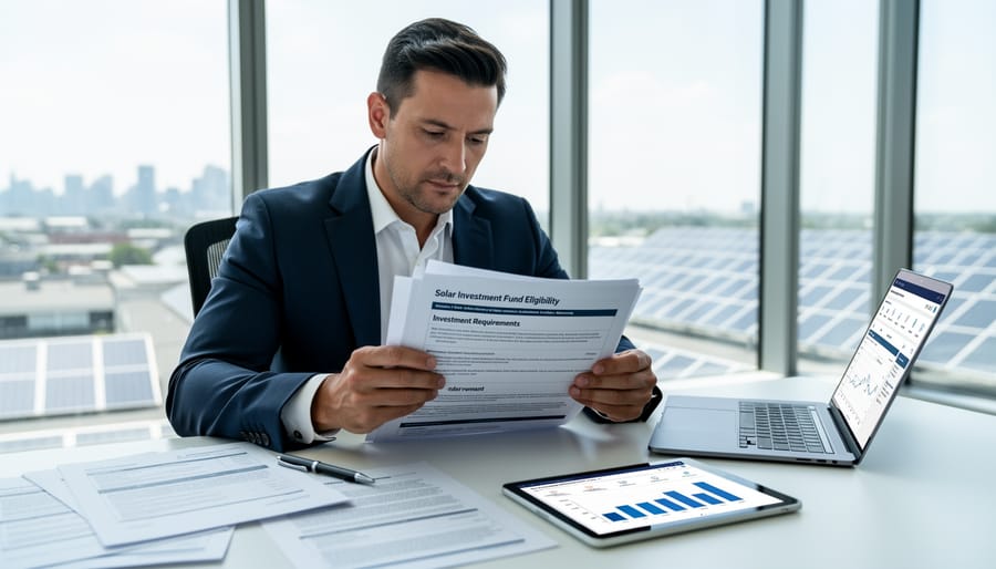 Investor in a suit reviewing due diligence paperwork at a desk in an office