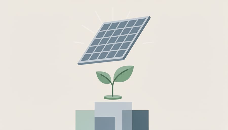 Close-up of a sprouting seedling in soil with a blurred solar installation in the background
