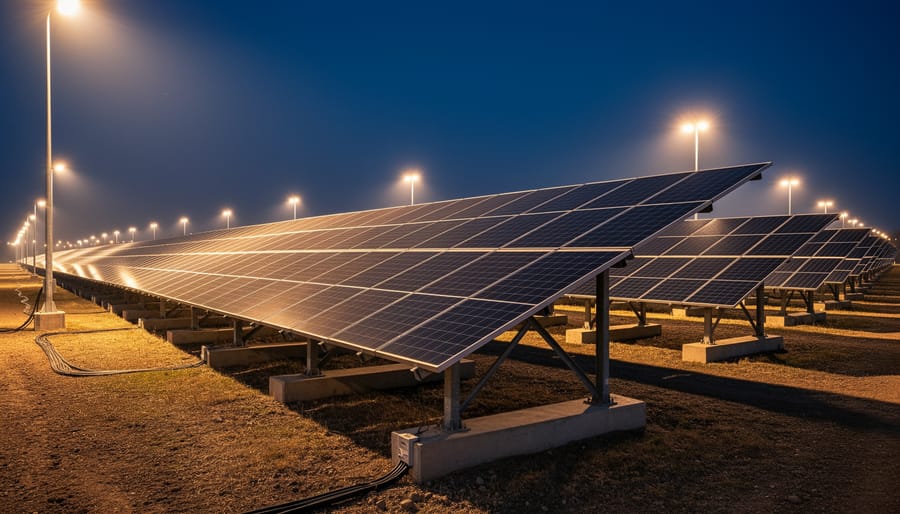 Solar panels illuminated at night with soft lighting and a blurred industrial background